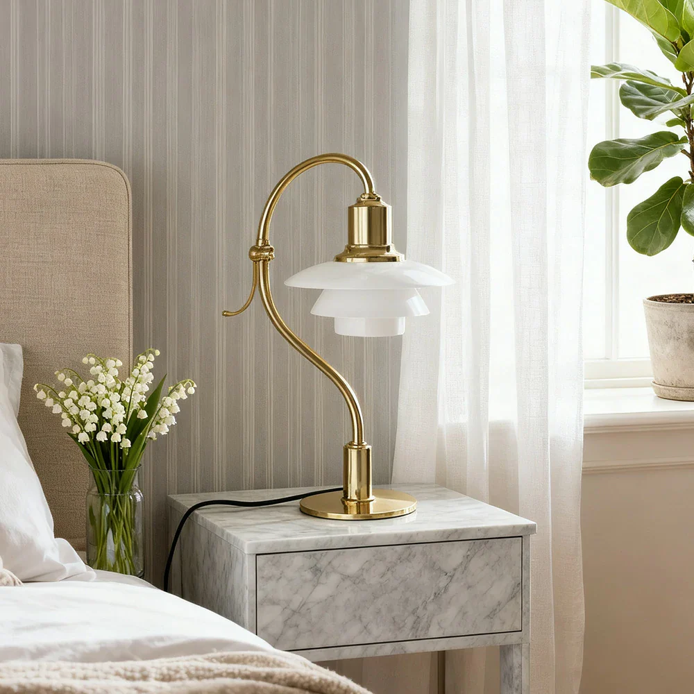 LIVARA Modern Table Lamp with Full-Spectrum Eye-Care Light, Off-White Glass Shade, Adjustable 45° Tilt - Gold - Image 2