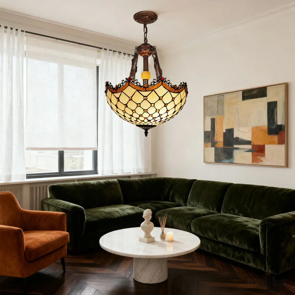 LIVARA Pendant Light with E27 Socket, 40/50cm High-Temperature Colored Glass, Copper & Iron Frame, Handcrafted Design - Image 2