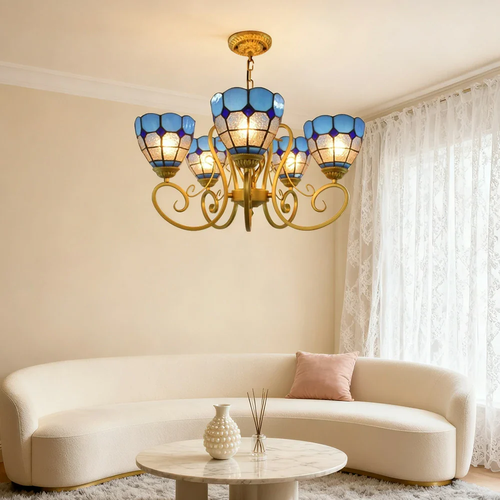 LIVARA Tiffany Pendant Light - 5-Light Design, High-Temperature Coloured Glass, Iron Frame, E27 Socket, Handcrafted for Elegant Illumination - Image 2