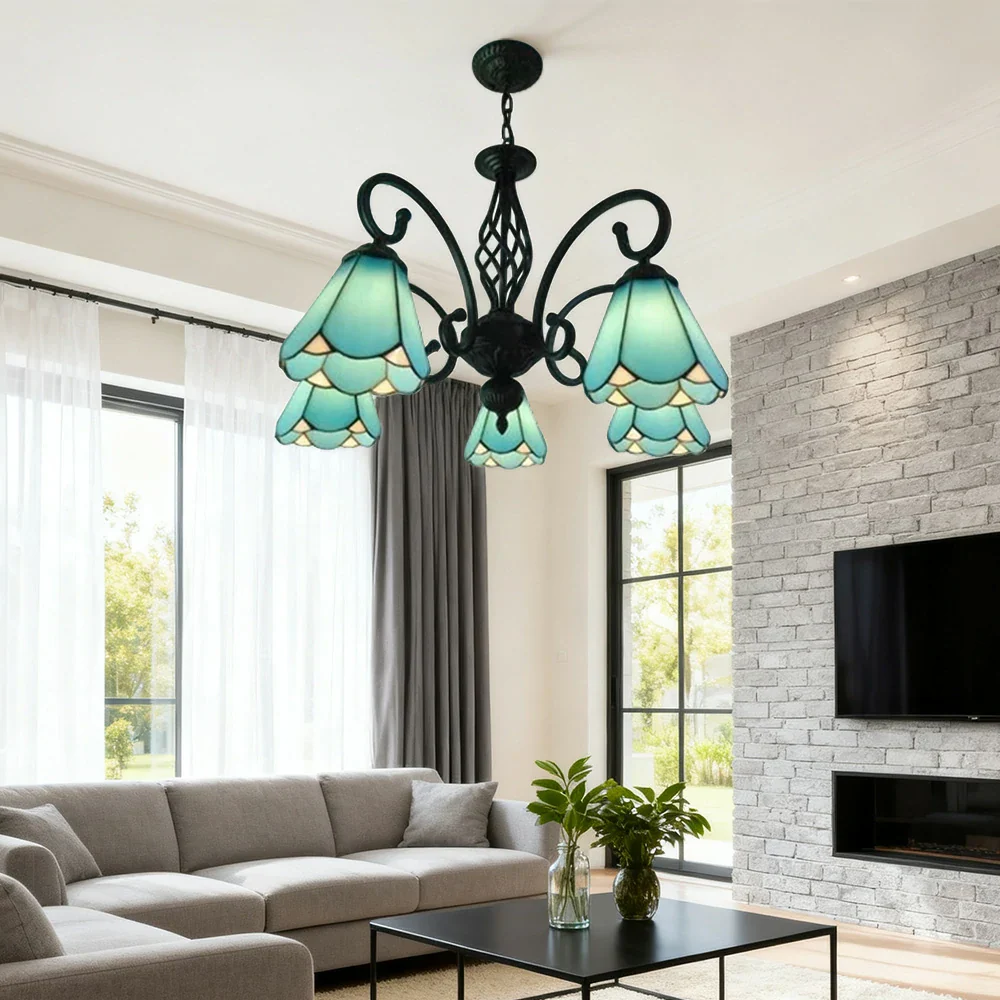 LIVARA Crystal Pendant Light - High-Temperature Coloured Glass, 5-Light E27 Pendant, Iron Frame, Adjustable Height for Elegant Illumination - Blue - Image 2