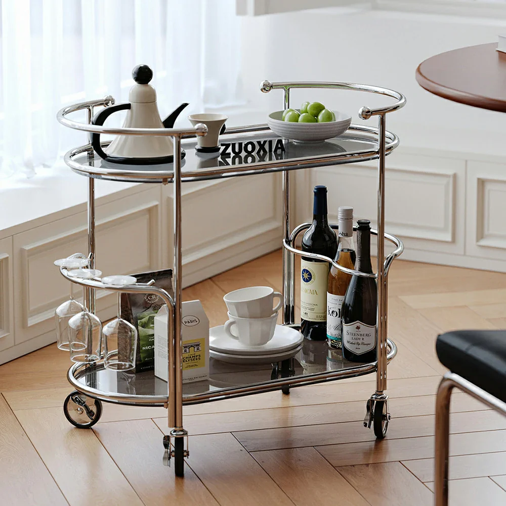 LIVARA Modern Bauhaus Bar Cart - Tempered Glass Shelves with Carbon Steel Frame, Swivel Casters & Wine Glass Holder, Rolling Trolley for Living & Dining Space - Smoke Grey - Image 2
