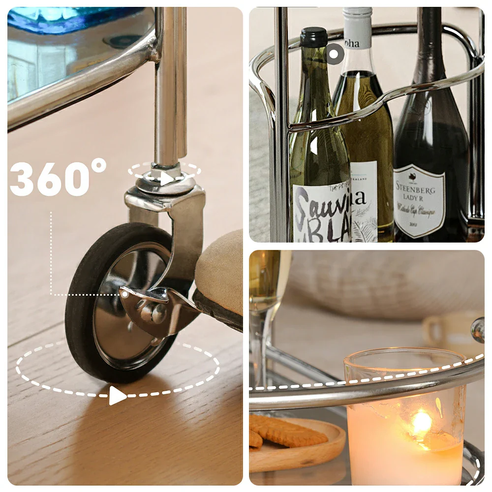LIVARA Modern Bauhaus Bar Cart - Tempered Glass Shelves with Carbon Steel Frame, Swivel Casters & Wine Glass Holder, Rolling Trolley for Living & Dining Space - Smoke Grey - Image 3