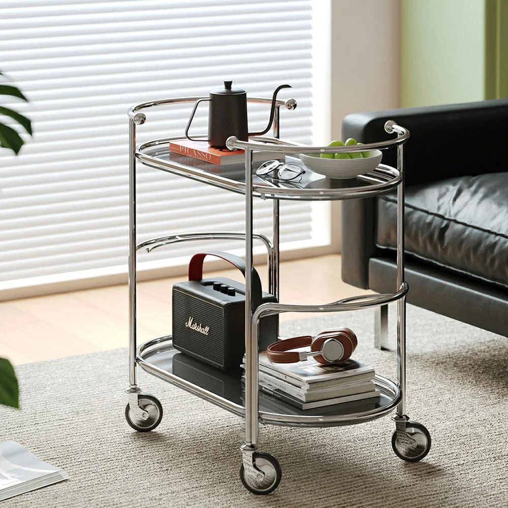 LIVARA Modern Bauhaus Bar Cart - Tempered Glass Shelves with Carbon Steel Frame, Swivel Casters & Wine Glass Holder, Rolling Trolley for Living & Dining Space - Smoke Grey - Image 4