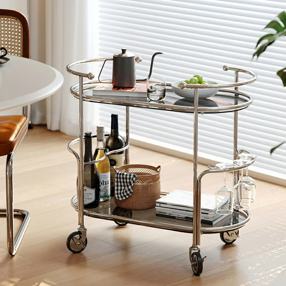 LIVARA Modern Bauhaus Bar Cart - Tempered Glass Shelves with Carbon Steel Frame, Swivel Casters & Wine Glass Holder, Rolling Trolley for Living & Dining Space - Brown - Image 2