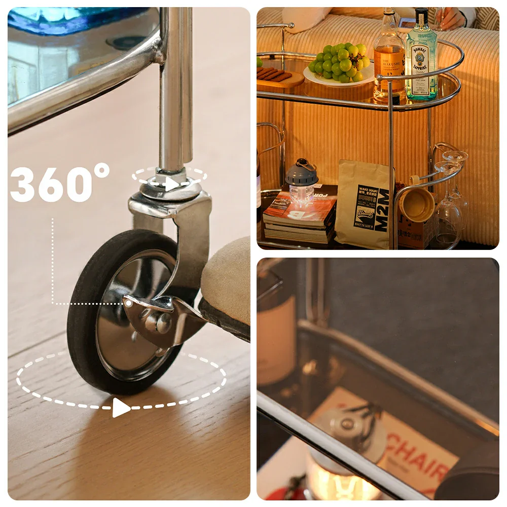 LIVARA Modern Bauhaus Bar Cart - Tempered Glass Shelves with Carbon Steel Frame, Swivel Casters & Wine Glass Holder, Rolling Trolley for Living & Dining Space - Brown - Image 3