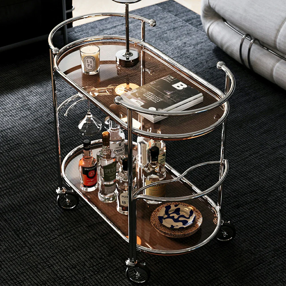 LIVARA Modern Bauhaus Bar Cart - Tempered Glass Shelves with Carbon Steel Frame, Swivel Casters & Wine Glass Holder, Rolling Trolley for Living & Dining Space - Brown - Image 4