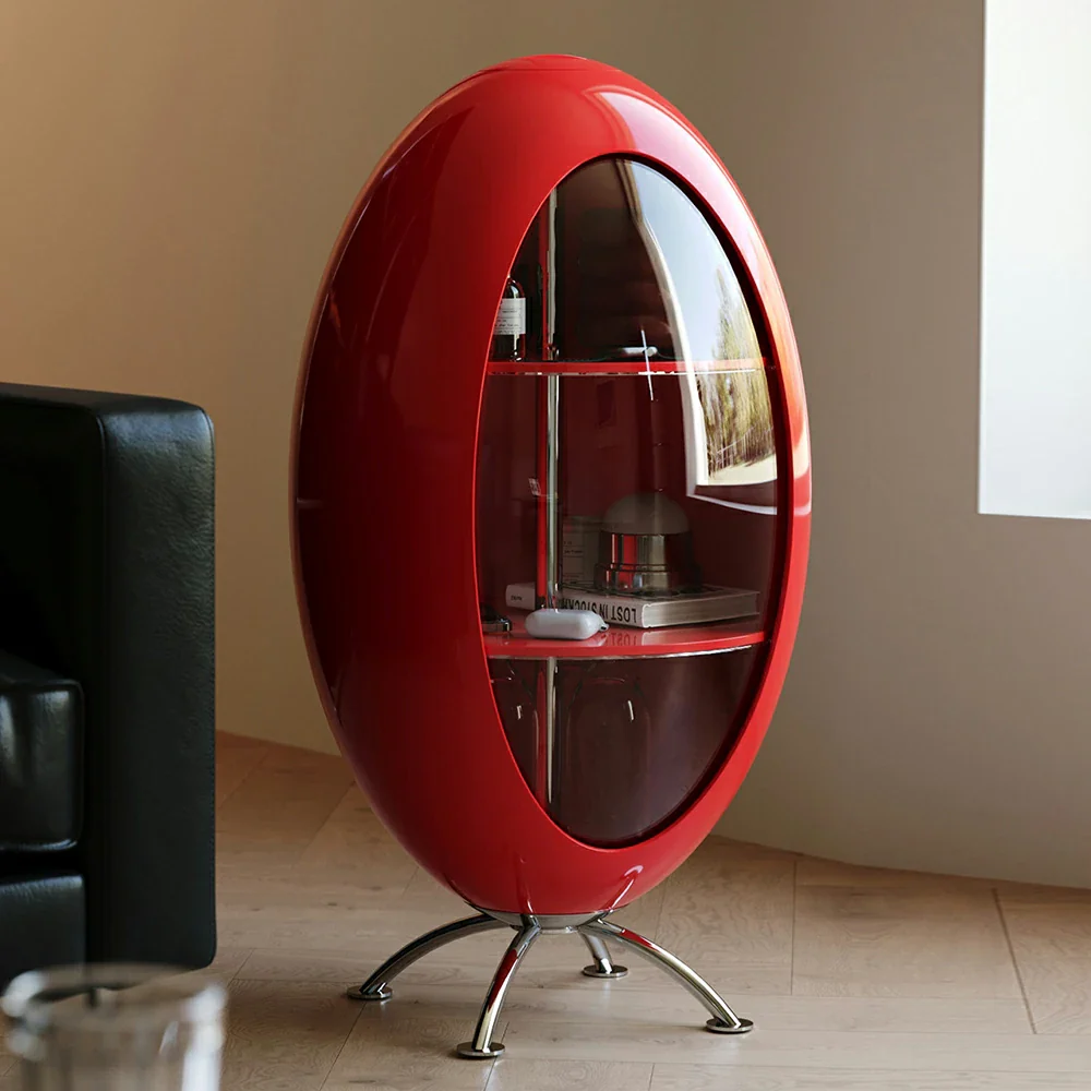 LIVARA Modern Egg-Shaped Storage Cabinet - Rotating Display Shelves with Tempered Glass, Glossy ABS Shell & Stainless Steel Base, Artistic Accent Organizer - Red - Image 2