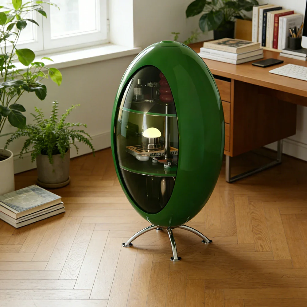 LIVARA Modern Egg-Shaped Storage Cabinet - Rotating Display Shelves with Tempered Glass, Glossy ABS Shell & Stainless Steel Base, Artistic Accent Organizer - Green - Image 4