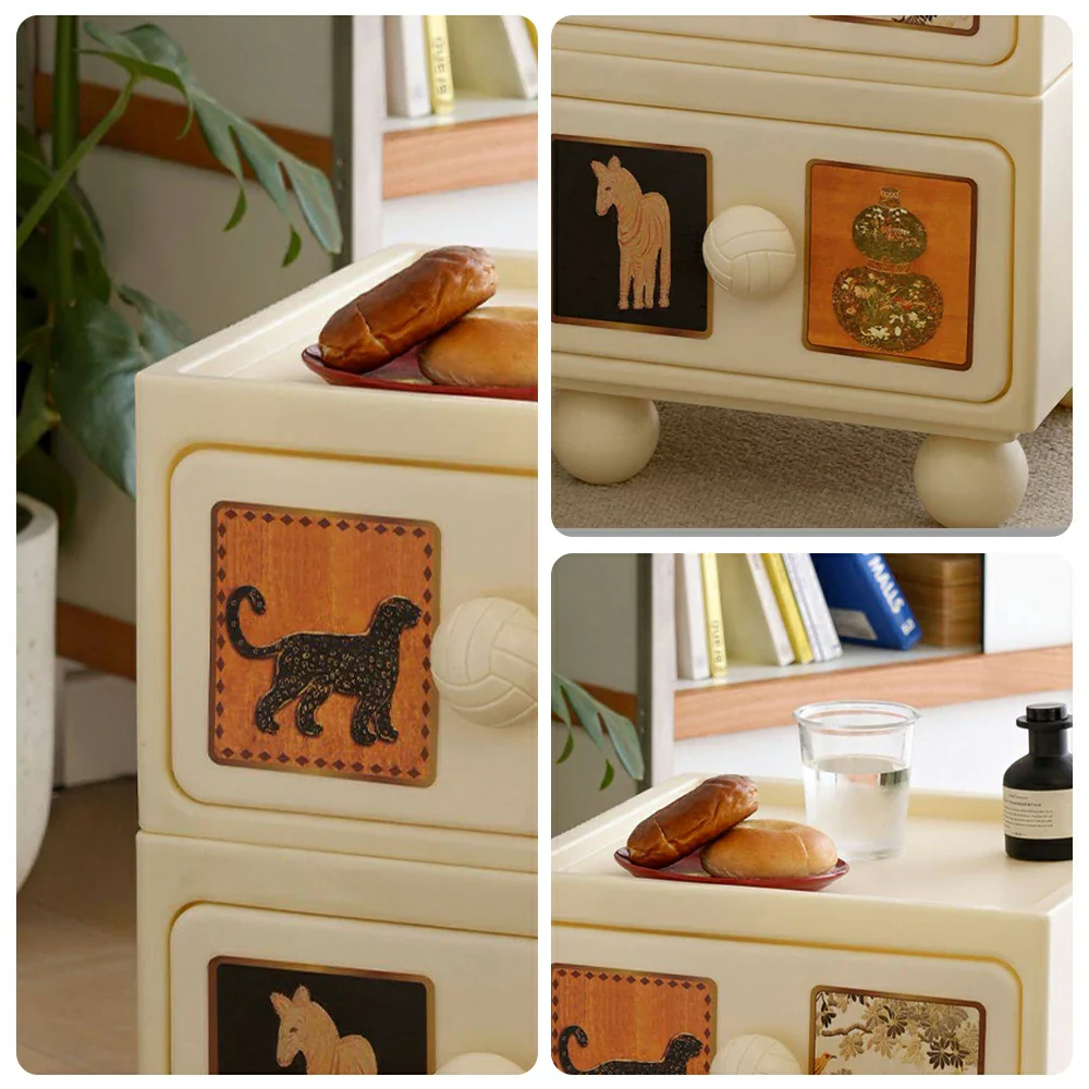 LIVARA Vintage Leopard Nightstand - Double Drawer Bedside Table with Eco PE Body, Rounded Edges & Decorative Art Panels, Compact Storage Cabinet - Cream White - Image 3