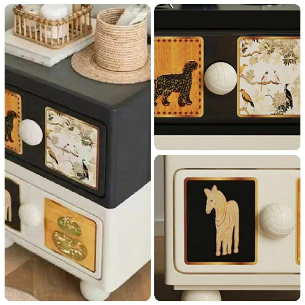 LIVARA Vintage Pony Nightstand – Double Drawer Bedside Table with Eco PE Body, Rounded Edges & Decorative Art Panels, Compact Storage Cabinet - Black & Cream Leopard - Image 3