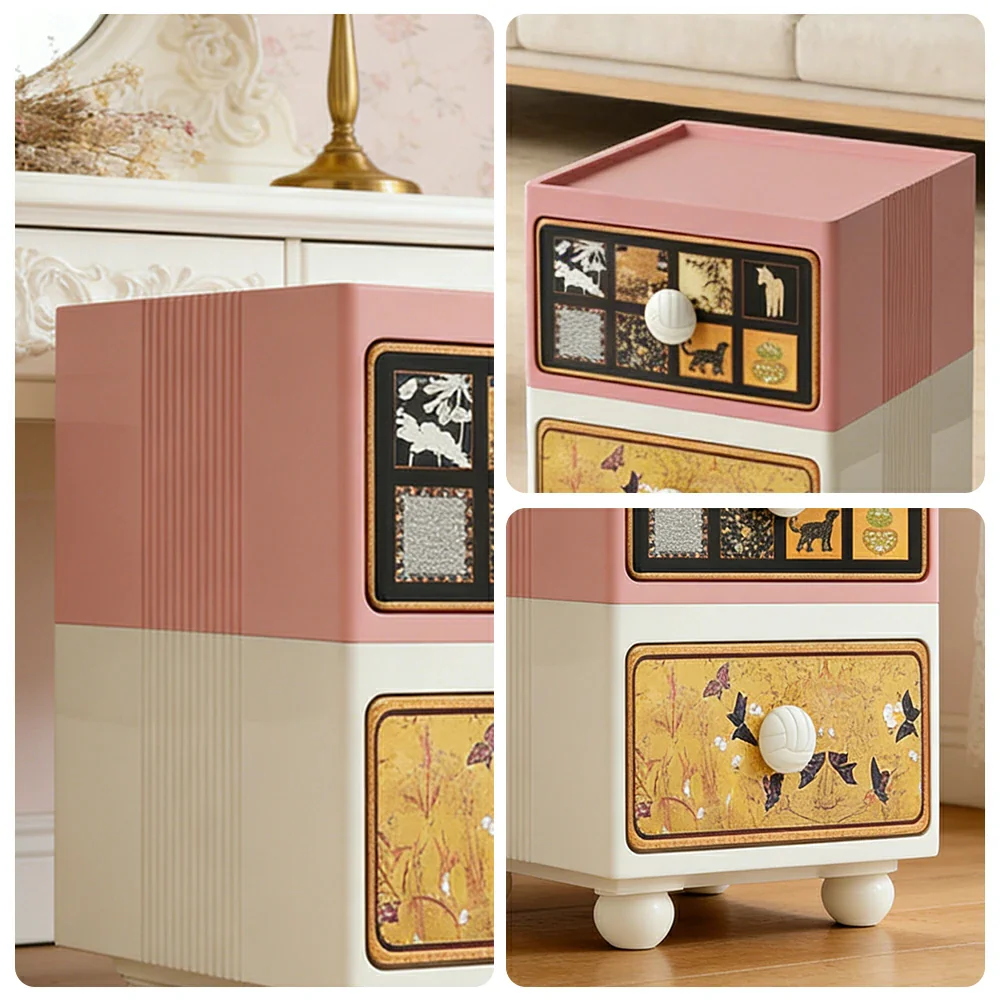 LIVARA Vintage Pony Nightstand - Double Drawer Bedside Table with Eco PE Body, Rounded Edges & Decorative Art Panels, Compact Storage Cabinet - Apricot Pink & Cream Pony - Image 3