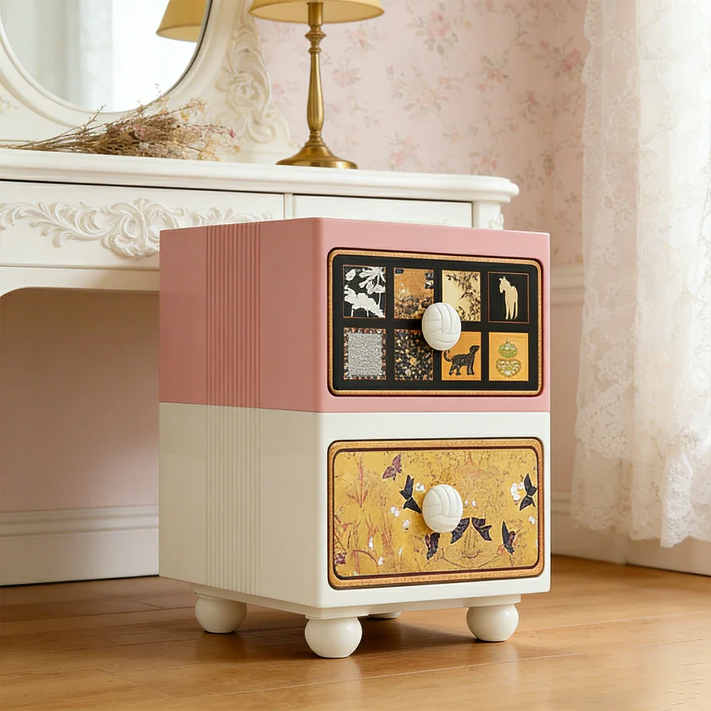LIVARA Vintage Pony Nightstand - Double Drawer Bedside Table with Eco PE Body, Rounded Edges & Decorative Art Panels, Compact Storage Cabinet - Apricot Pink & Cream Pony - Image 4