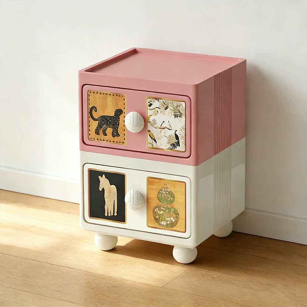 LIVARA Vintage Pony Nightstand - Double Drawer Bedside Table with Eco PE Body, Rounded Edges & Decorative Art Panels, Compact Storage Cabinet - Apricot Pink & Cream Leopard - Image 2