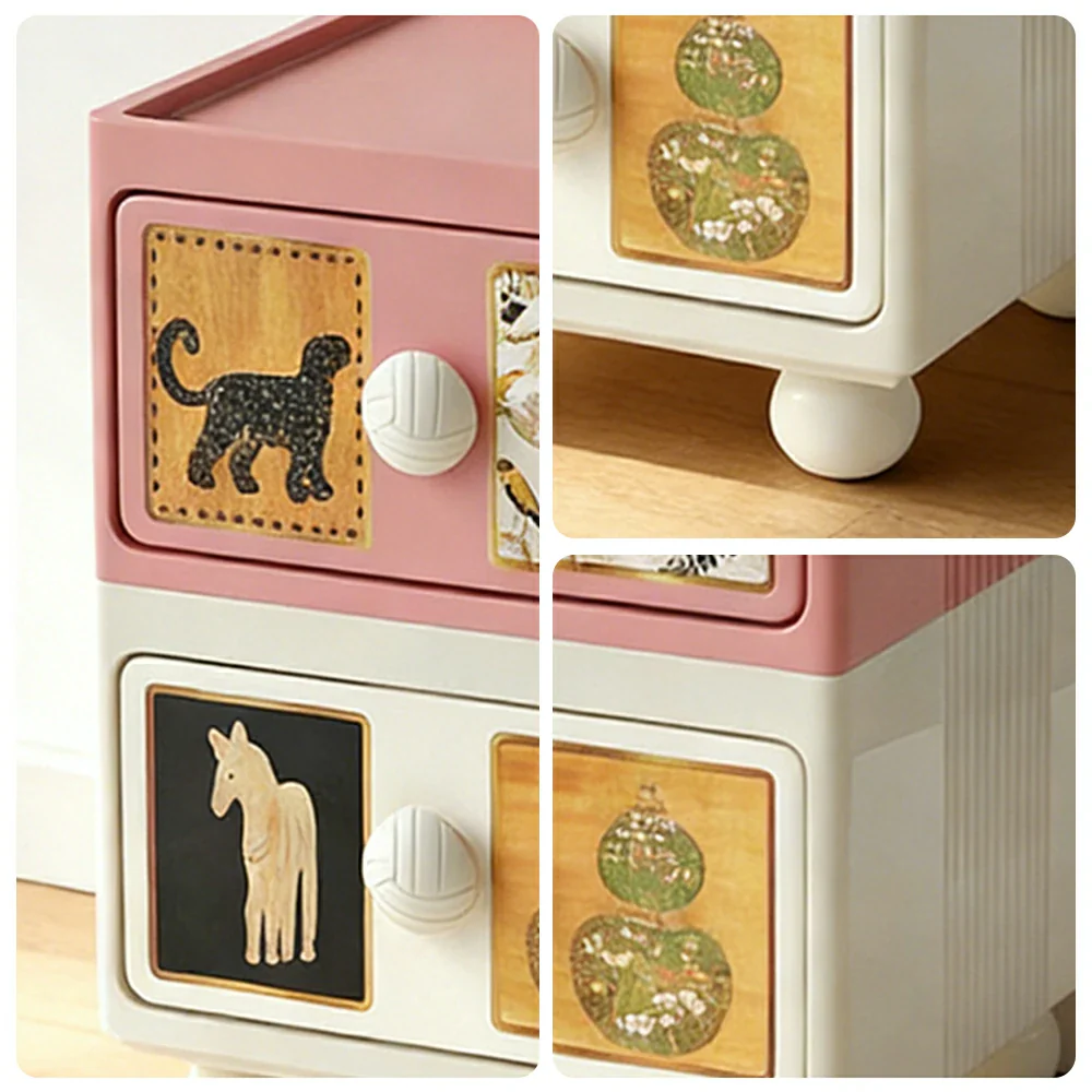 LIVARA Vintage Pony Nightstand - Double Drawer Bedside Table with Eco PE Body, Rounded Edges & Decorative Art Panels, Compact Storage Cabinet - Apricot Pink & Cream Leopard - Image 3