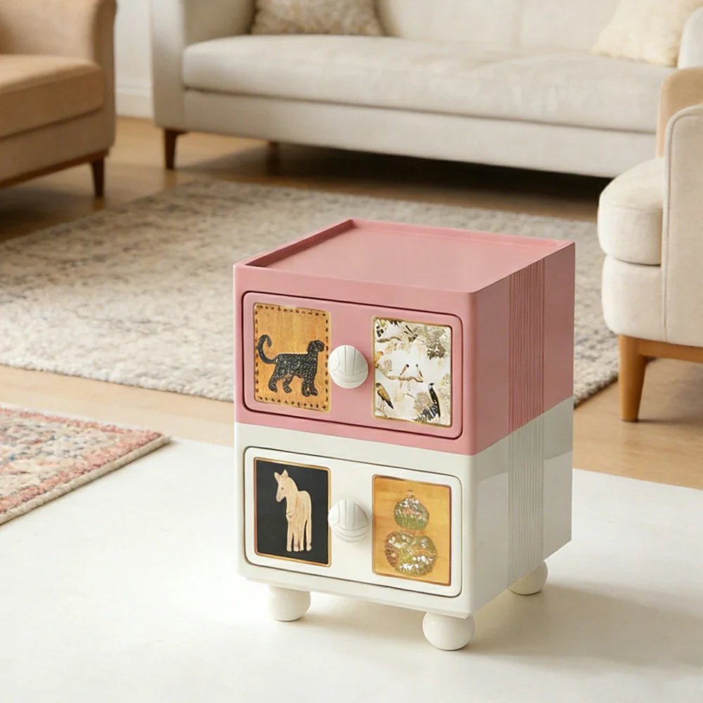 LIVARA Vintage Pony Nightstand - Double Drawer Bedside Table with Eco PE Body, Rounded Edges & Decorative Art Panels, Compact Storage Cabinet - Apricot Pink & Cream Leopard - Image 4