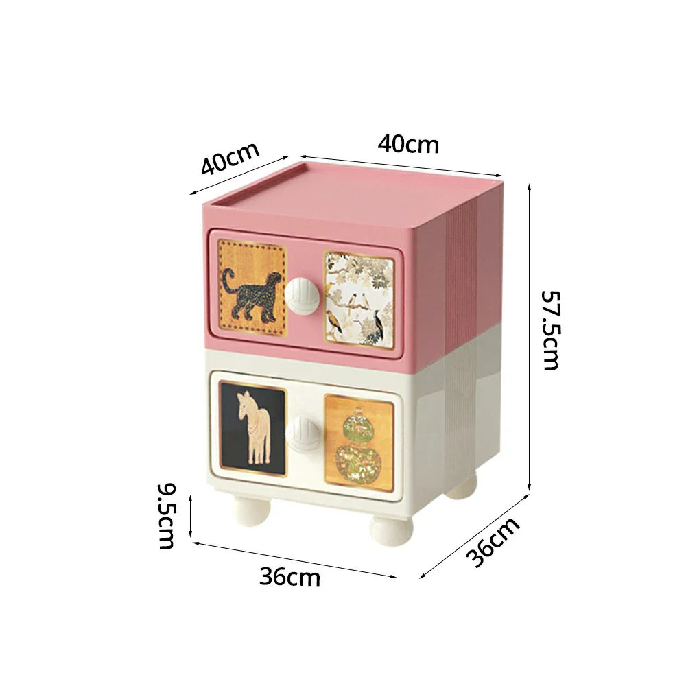 LIVARA Vintage Pony Nightstand - Double Drawer Bedside Table with Eco PE Body, Rounded Edges & Decorative Art Panels, Compact Storage Cabinet - Apricot Pink & Cream Leopard - Image 5