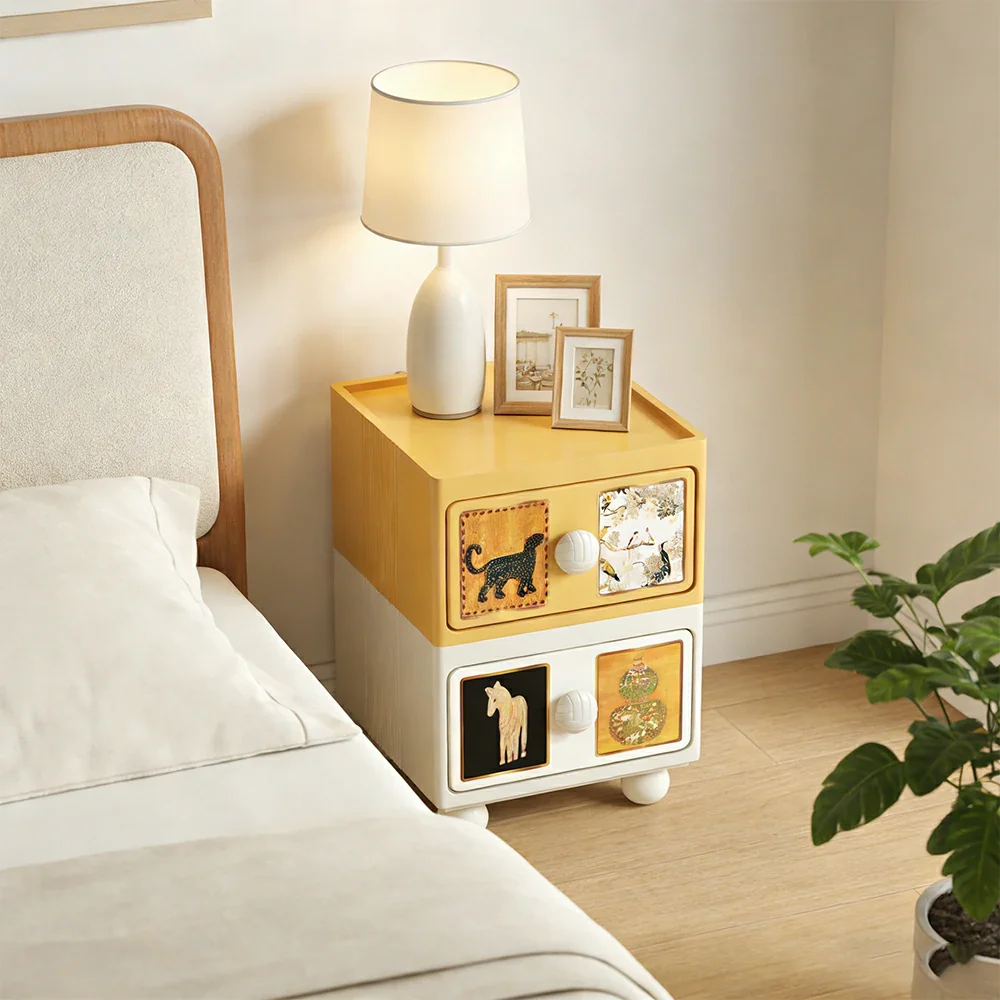 LIVARA Vintage Pony Nightstand - Double Drawer Bedside Table with Eco PE Body, Rounded Edges & Decorative Art Panels, Compact Storage Cabinet - Yellow & Cream Leopard - Image 4