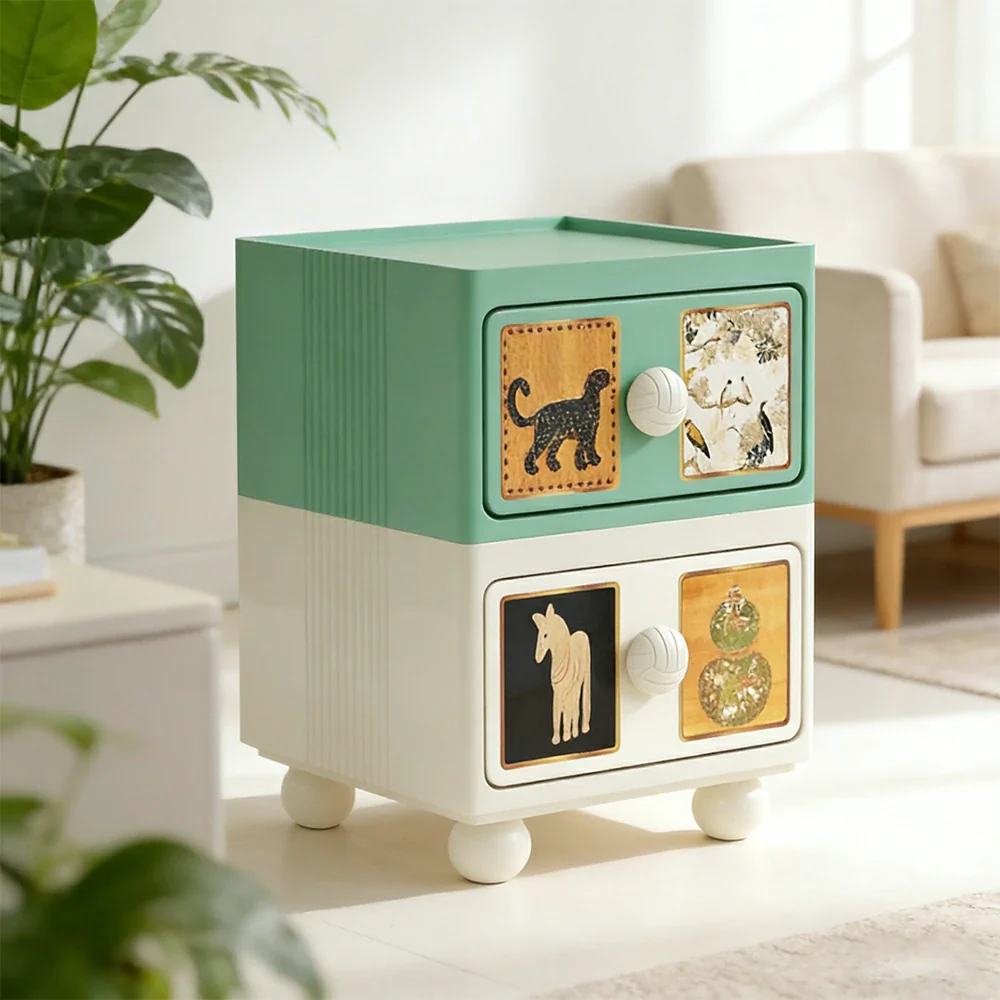 LIVARA Vintage Pony Nightstand - Double Drawer Bedside Table with Eco PE Body, Rounded Edges & Decorative Art Panels, Compact Storage Cabinet - Dusty Sage & Cream Leopard - Image 2