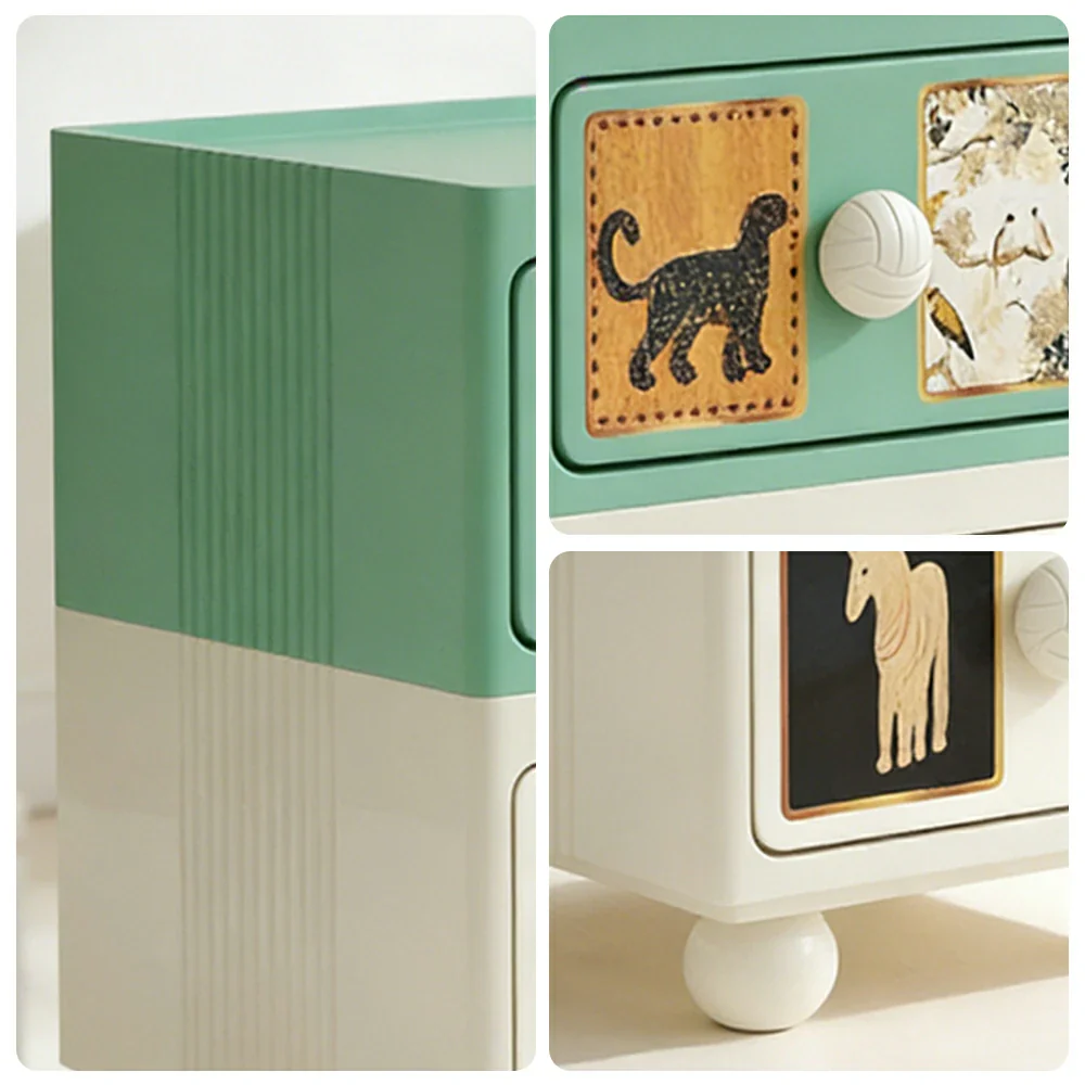 LIVARA Vintage Pony Nightstand - Double Drawer Bedside Table with Eco PE Body, Rounded Edges & Decorative Art Panels, Compact Storage Cabinet - Dusty Sage & Cream Leopard - Image 3