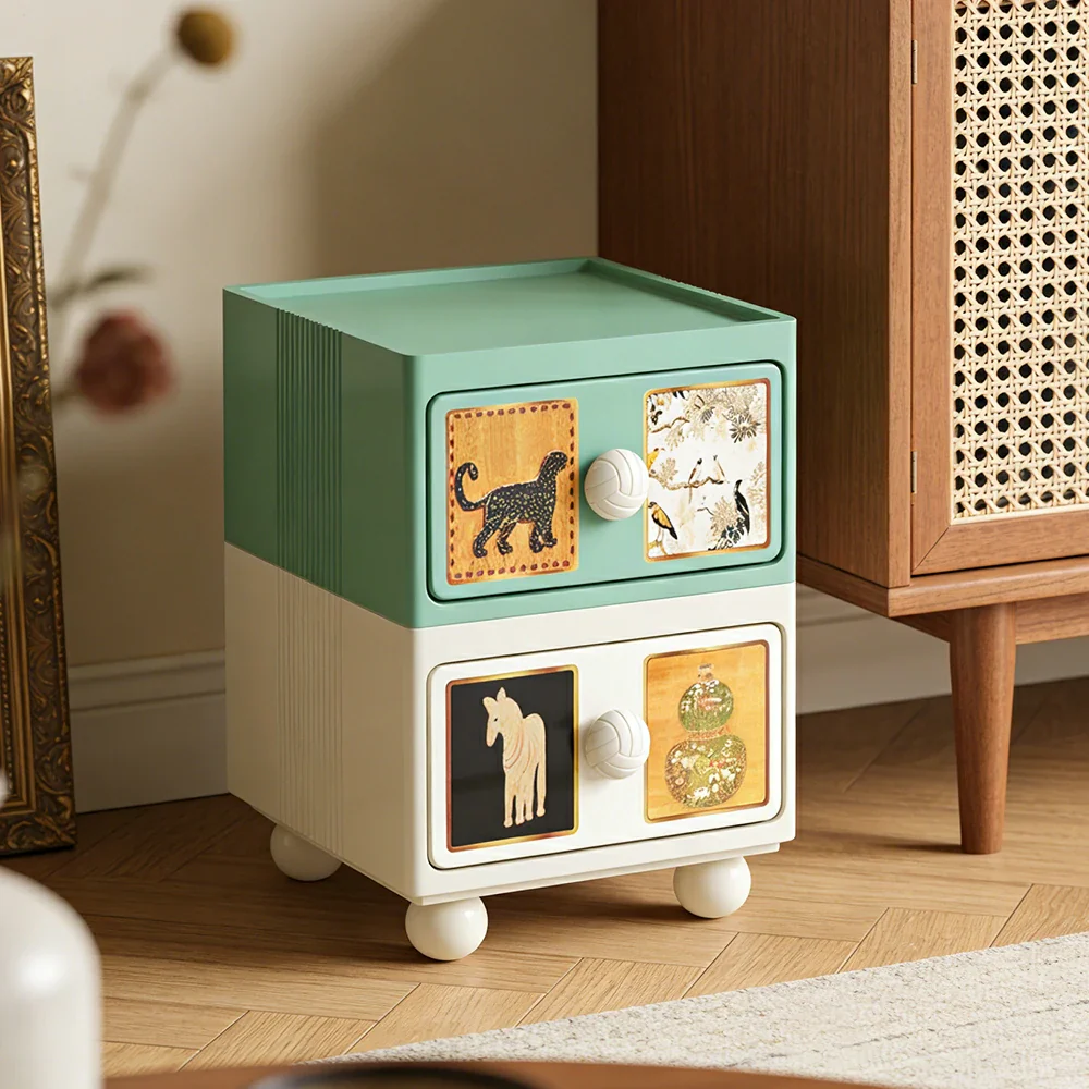 LIVARA Vintage Pony Nightstand - Double Drawer Bedside Table with Eco PE Body, Rounded Edges & Decorative Art Panels, Compact Storage Cabinet - Dusty Sage & Cream Leopard - Image 4
