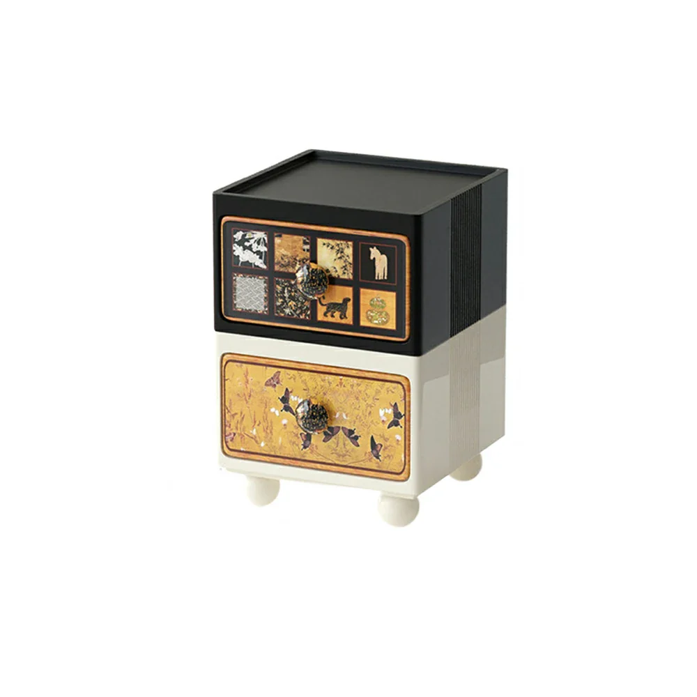 LIVARA Vintage Pony Nightstand - Double Drawer Bedside Table with Eco PE Body, Rounded Edges & Decorative Art Panels, Compact Storage Cabinet - Black & Cream Pony
