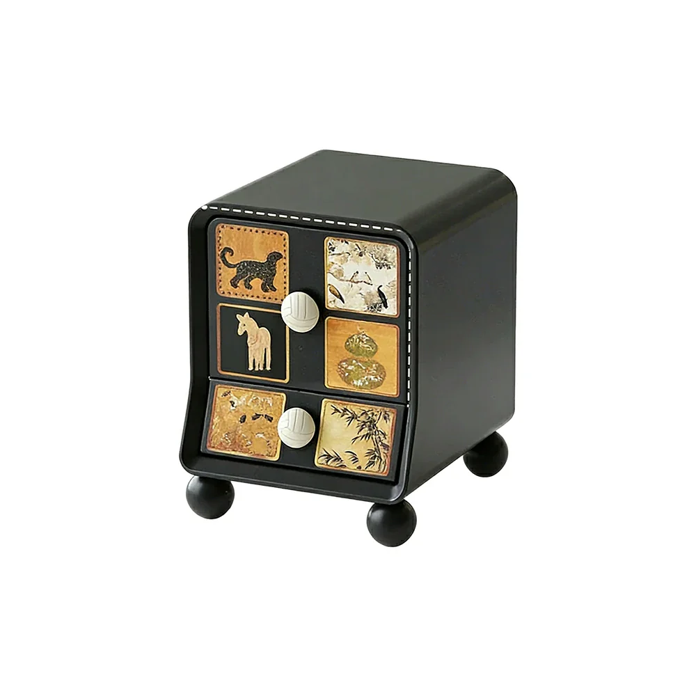 LIVARA Vintage Pony Nightstand - Double Drawer Bedside Table with Eco PE Body, Rounded Edges & Decorative Art Panels, Compact Storage Cabinet - Black & Cream Leopard