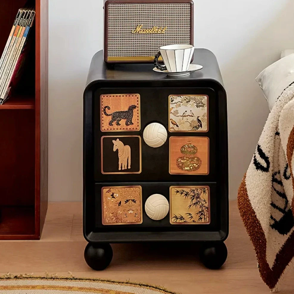 LIVARA Vintage Pony Nightstand - Double Drawer Bedside Table with Eco PE Body, Rounded Edges & Decorative Art Panels, Compact Storage Cabinet - Black & Cream Leopard - Image 2