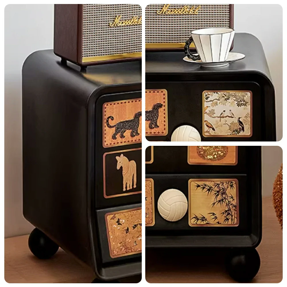 LIVARA Vintage Pony Nightstand - Double Drawer Bedside Table with Eco PE Body, Rounded Edges & Decorative Art Panels, Compact Storage Cabinet - Black & Cream Leopard - Image 3