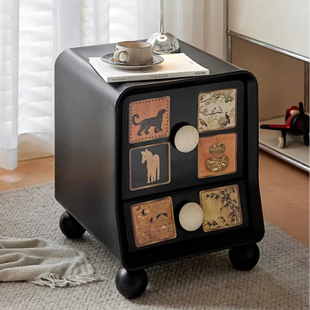LIVARA Vintage Pony Nightstand - Double Drawer Bedside Table with Eco PE Body, Rounded Edges & Decorative Art Panels, Compact Storage Cabinet - Black & Cream Leopard - Image 4