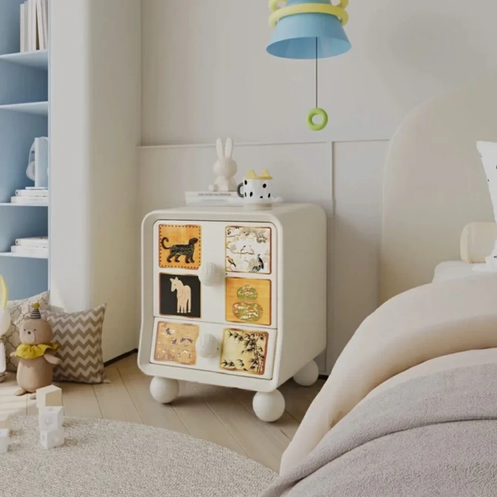 LIVARA Vintage Pony Nightstand - Double Drawer Bedside Table with Eco PE Body, Rounded Edges & Decorative Art Panels, Compact Storage Cabinet - Cream & Black Leopard - Image 2