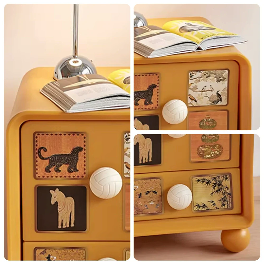 LIVARA Vintage Pony Nightstand - Double Drawer Bedside Table with Eco PE Body, Rounded Edges & Decorative Art Panels, Compact Storage Cabinet - Mustard Yellow & Cream Leopard - Image 3