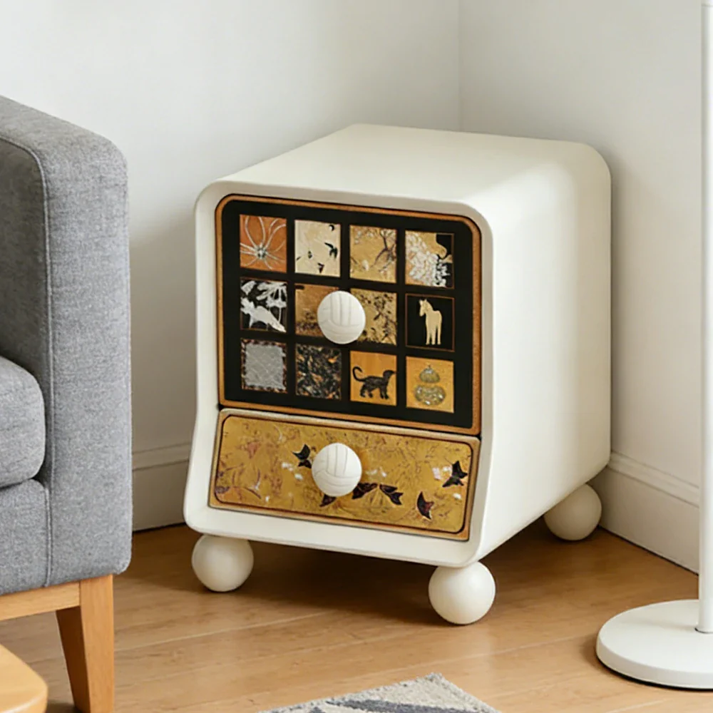 LIVARA Vintage Pony Nightstand - Double Drawer Bedside Table with Eco PE Body, Rounded Edges & Decorative Art Panels, Compact Storage Cabinet - Cream & Black Pony - Image 2