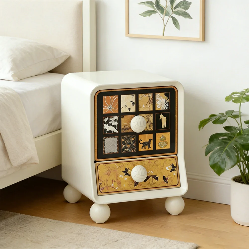 LIVARA Vintage Pony Nightstand - Double Drawer Bedside Table with Eco PE Body, Rounded Edges & Decorative Art Panels, Compact Storage Cabinet - Cream & Black Pony - Image 4