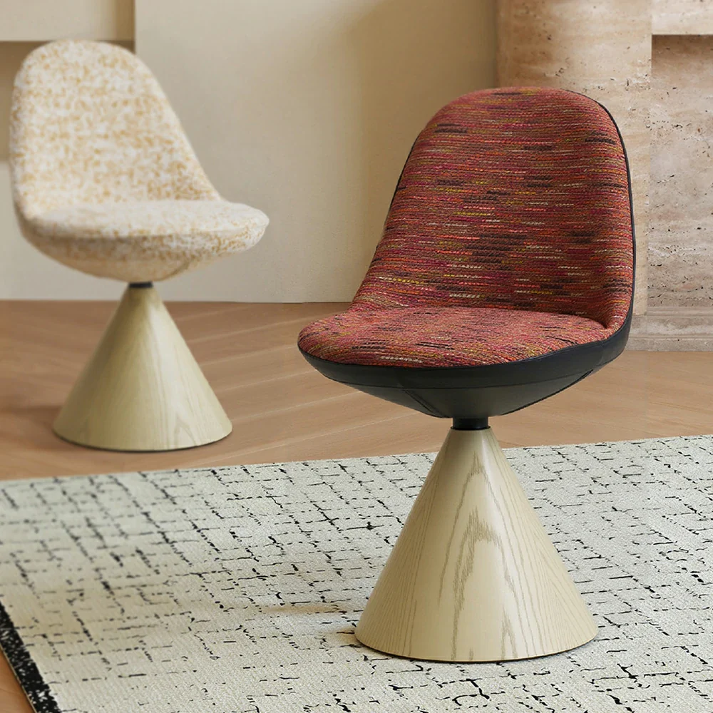 LIVARA Nordic Swivel Accent Chair - Three Hundred Sixty Degree Rotating Seat, Knitted Mixed-Color Upholstery, Solid Wood Cone Base, Modern Designer Lounge Chair - Natural Wood & Pastel Mix - Image 2