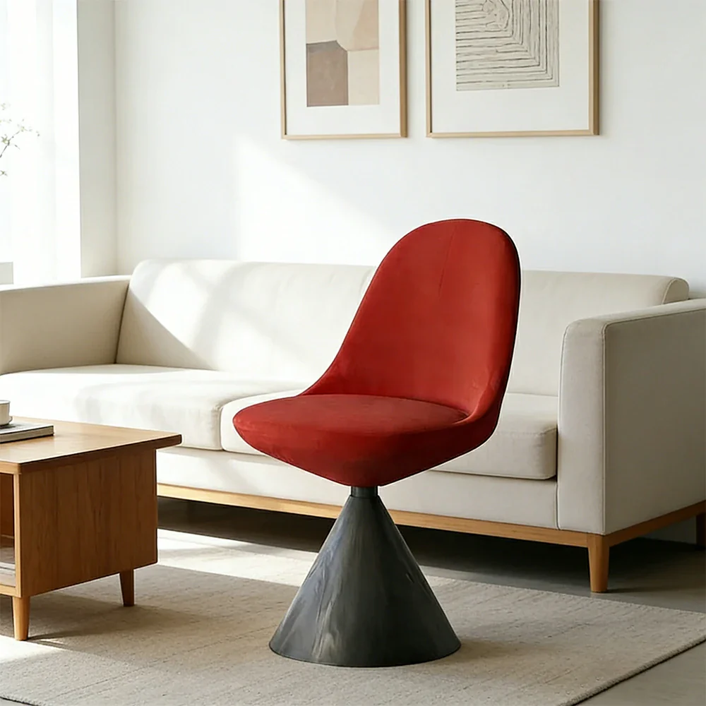 LIVARA Nordic Swivel Accent Chair - Three Hundred Sixty Degree Rotating Seat, Knitted Mixed-Color Upholstery, Solid Wood Cone Base, Modern Designer Lounge Chair - Black & Vintage Red - Image 4