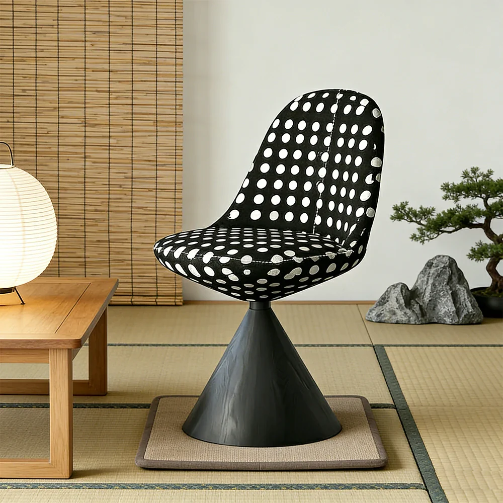 LIVARA Nordic Swivel Accent Chair - Three Hundred Sixty Degree Rotating Seat, Knitted Mixed-Color Upholstery, Solid Wood Cone Base, Modern Designer Lounge Chair - Black & Black White Polka Dot - Image 4