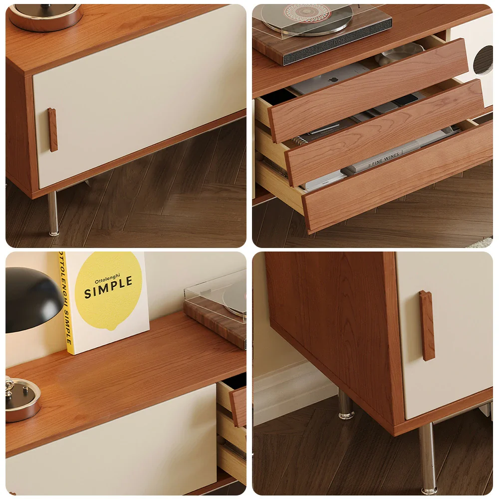 LIVARA 8805 Solid Wood Storage Cabinet, 18mm Ultra-Flat Plywood with Cherry Veneer, Soft-Close Tracks, Stainless Steel Legs, Modern Design - Image 8