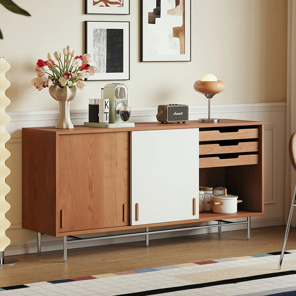 LIVARA 8806 Solid Wood Storage Cabinet, Soft-Close Tracks, Adjustable Shelves, Stainless Steel Legs - Wood and White - Image 2