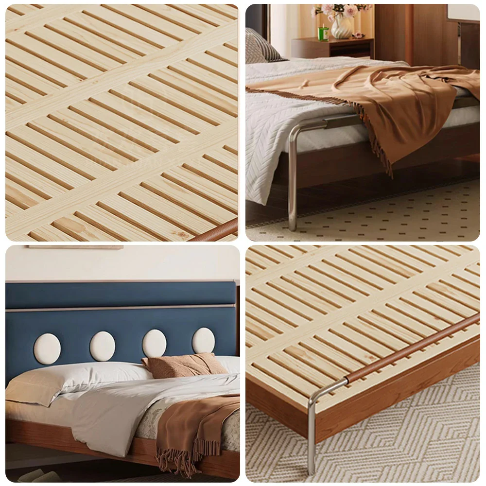 LUXORA 9901 150cm Cloud Velvet Bed, Solid Larch Wood Frame, Cherry Wood Accents, Stainless Steel Footboard - Blue - Image 3