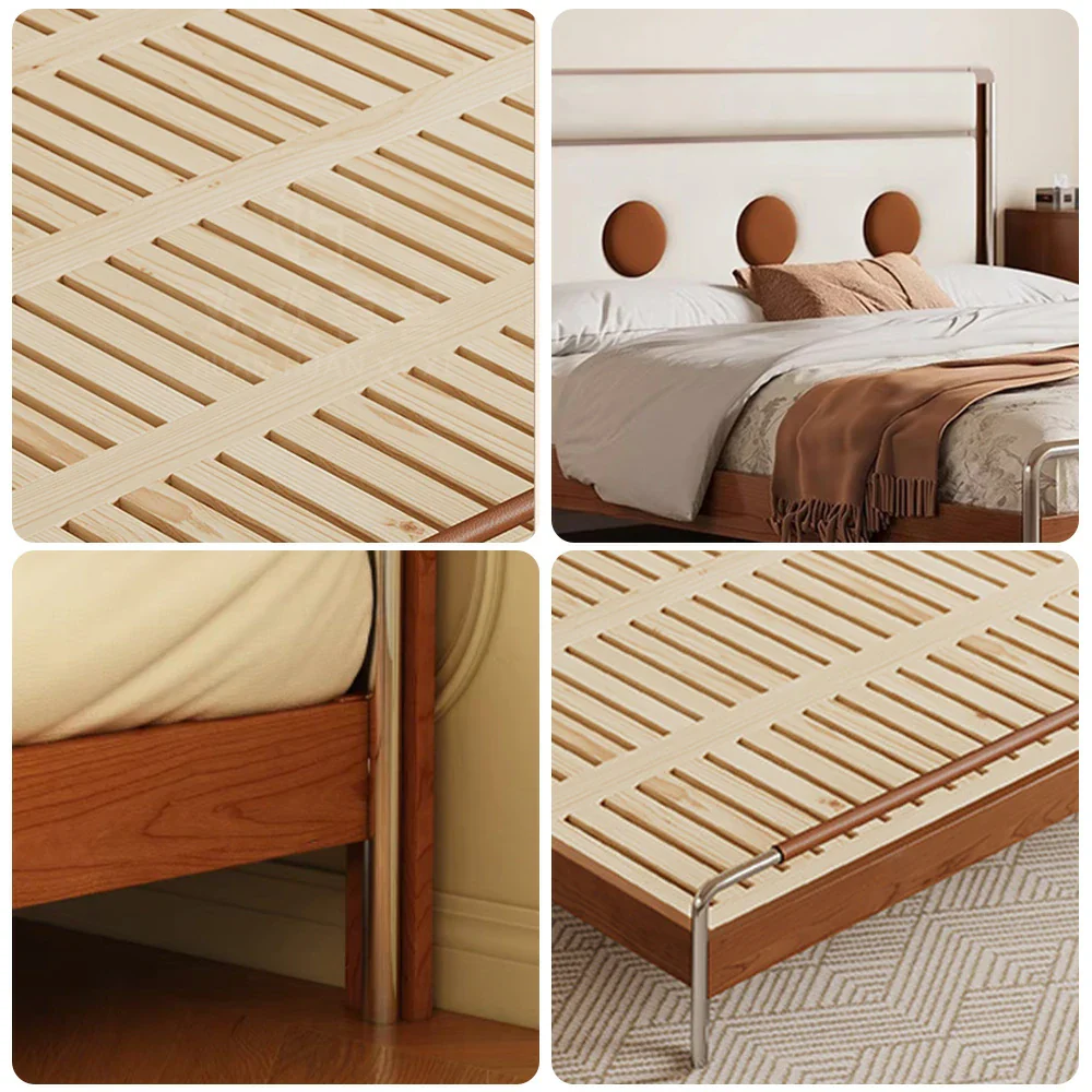 LUXORA 9901 150cm Cloud Velvet Bed, Solid Larch Wood Frame, Cherry Wood Accents, Stainless Steel Footboard - White - Image 3