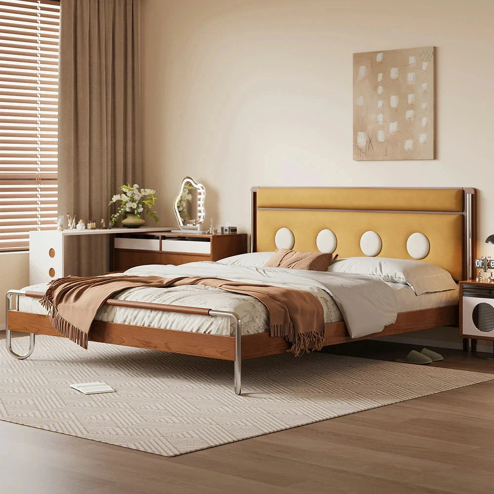 LUXORA 9901 150cm Cloud Velvet Bed, Solid Larch Wood Frame, Cherry Wood Accents, Stainless Steel Footboard - Yellow - Image 2