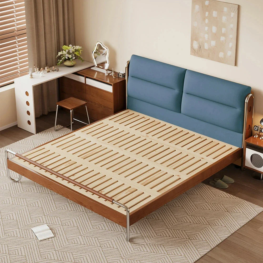 LUXORA 9902 150/180cm Cloud Velvet Bed, Solid Larch Wood Frame, Cherry Wood Accents, Stainless Steel Footboard, Wingback Design - Blue - Image 2