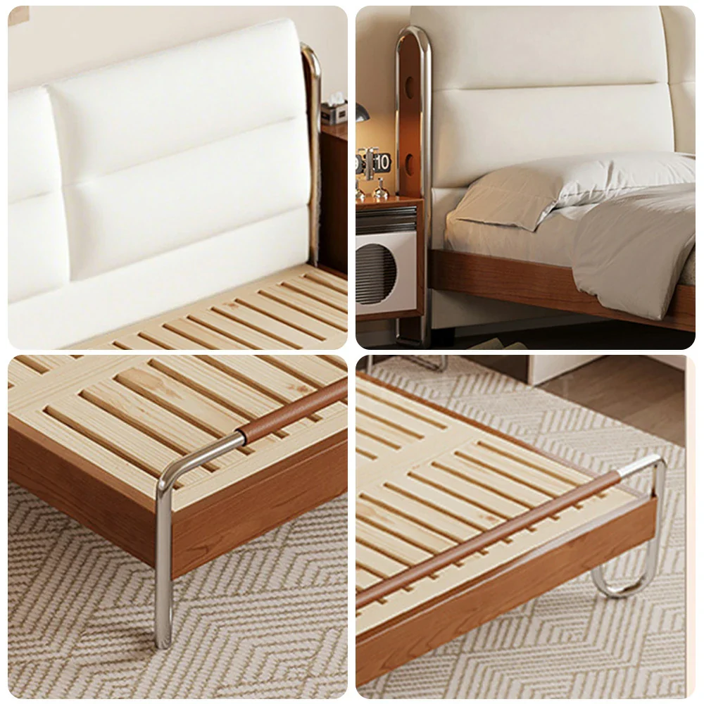 LUXORA 9902 150/180cm Cloud Velvet Bed, Solid Larch Wood Frame, Cherry Wood Accents, Stainless Steel Footboard, Wingback Design - White - Image 3