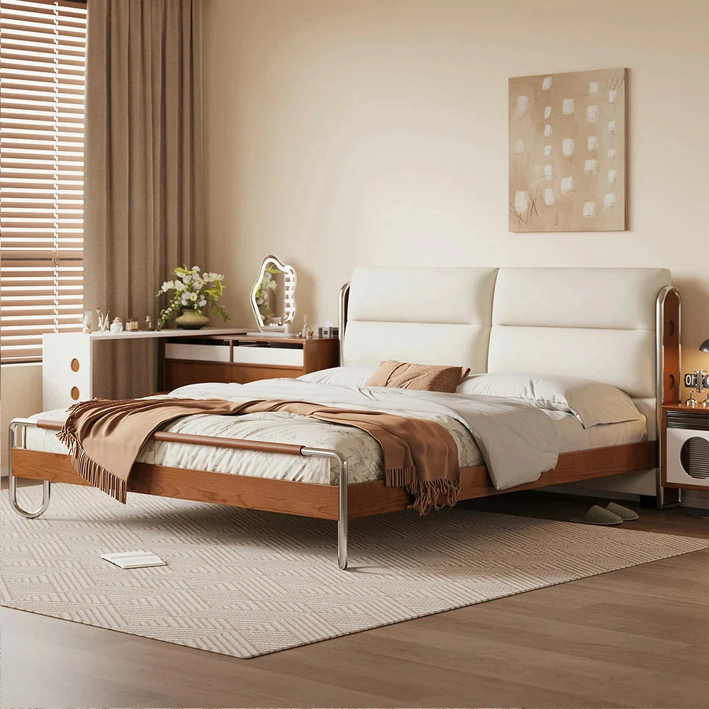 LUXORA 9902 150/180cm Cloud Velvet Bed, Solid Larch Wood Frame, Cherry Wood Accents, Stainless Steel Footboard, Wingback Design - White - Image 4