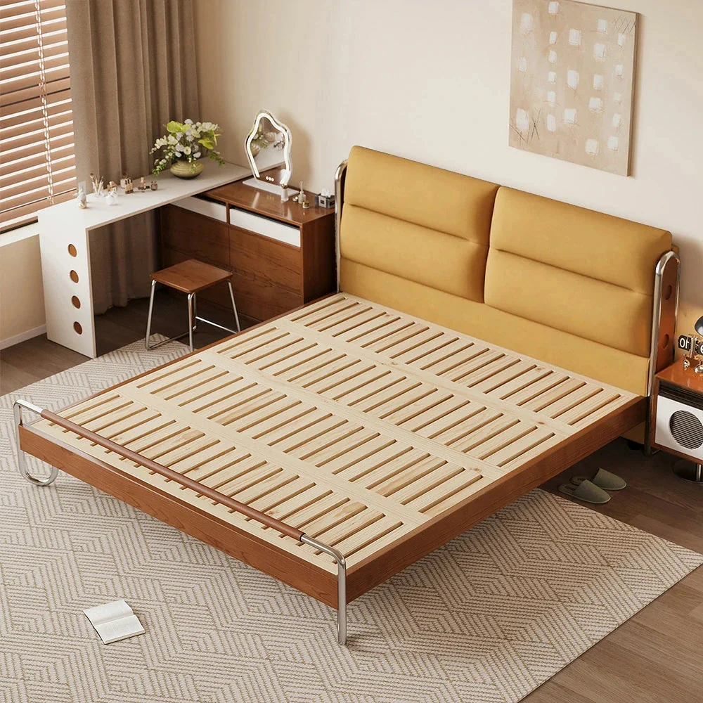 LUXORA 9902 150/180cm Cloud Velvet Bed, Solid Larch Wood Frame, Cherry Wood Accents, Stainless Steel Footboard, Wingback Design - Yellow - Image 2