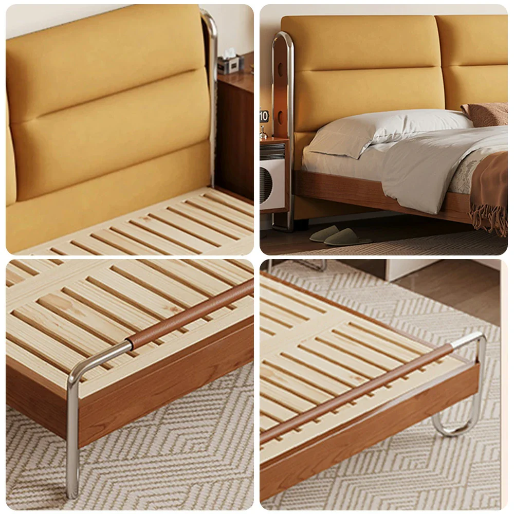 LUXORA 9902 150/180cm Cloud Velvet Bed, Solid Larch Wood Frame, Cherry Wood Accents, Stainless Steel Footboard, Wingback Design - Yellow - Image 3