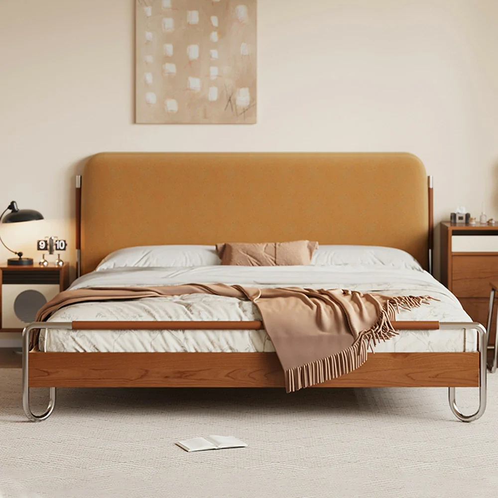 LUXORA 9903 150/180cm Cloud Velvet Bed Solid Wood Frame, Pine & Cherry Wood Accents - Yellow - Image 4