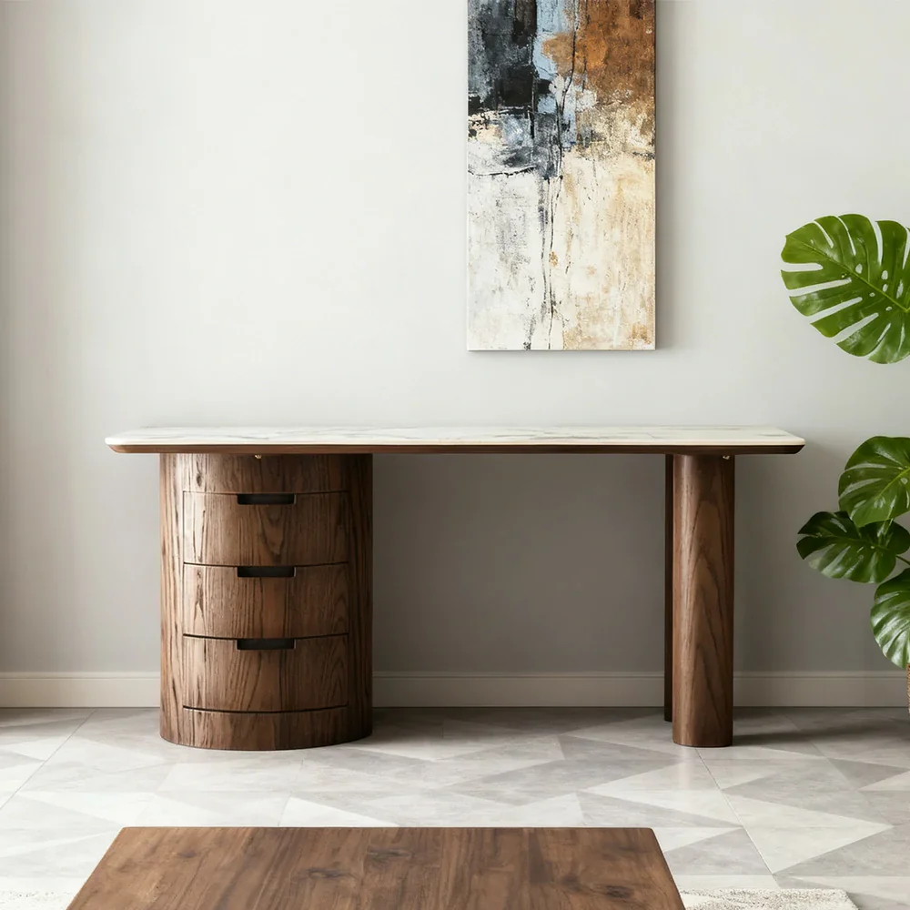 LUXORA 140/160cm Modern Minimalist Desk Sintered Stone Top Wooden Legs Hidden Storage Space Ideal for Home Office - Brown - Image 2