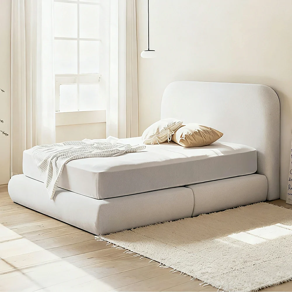 LUXORA High Headboard Upholstered Bed Frame 150/180cm, Solid Wood & E0 Eco Materials, High-Resilience Sponge - Beige - Image 2