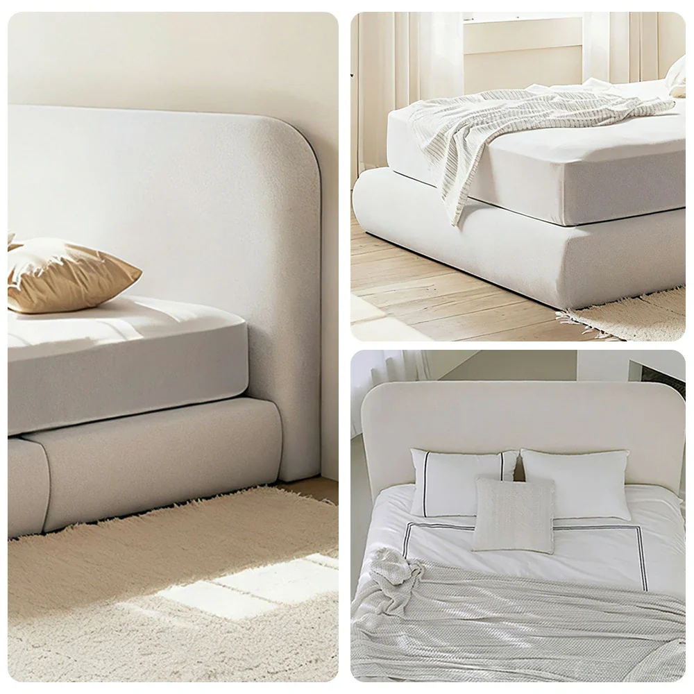 LUXORA High Headboard Upholstered Bed Frame 150/180cm, Solid Wood & E0 Eco Materials, High-Resilience Sponge - Beige - Image 3